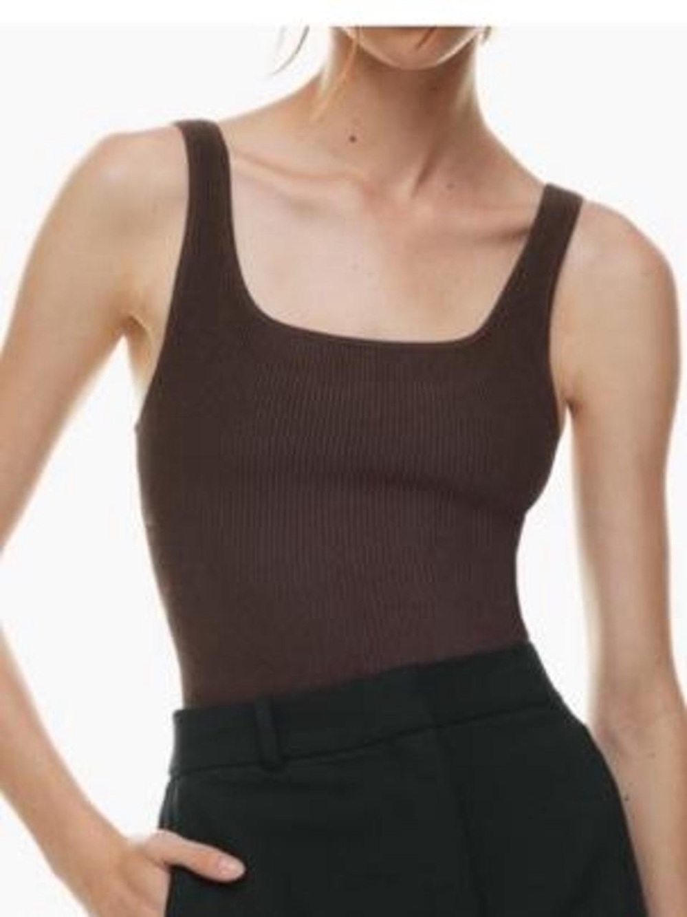 Aritzia Babaton Sculpt Knit Squareneck Tank in Rich Mocha Brown.